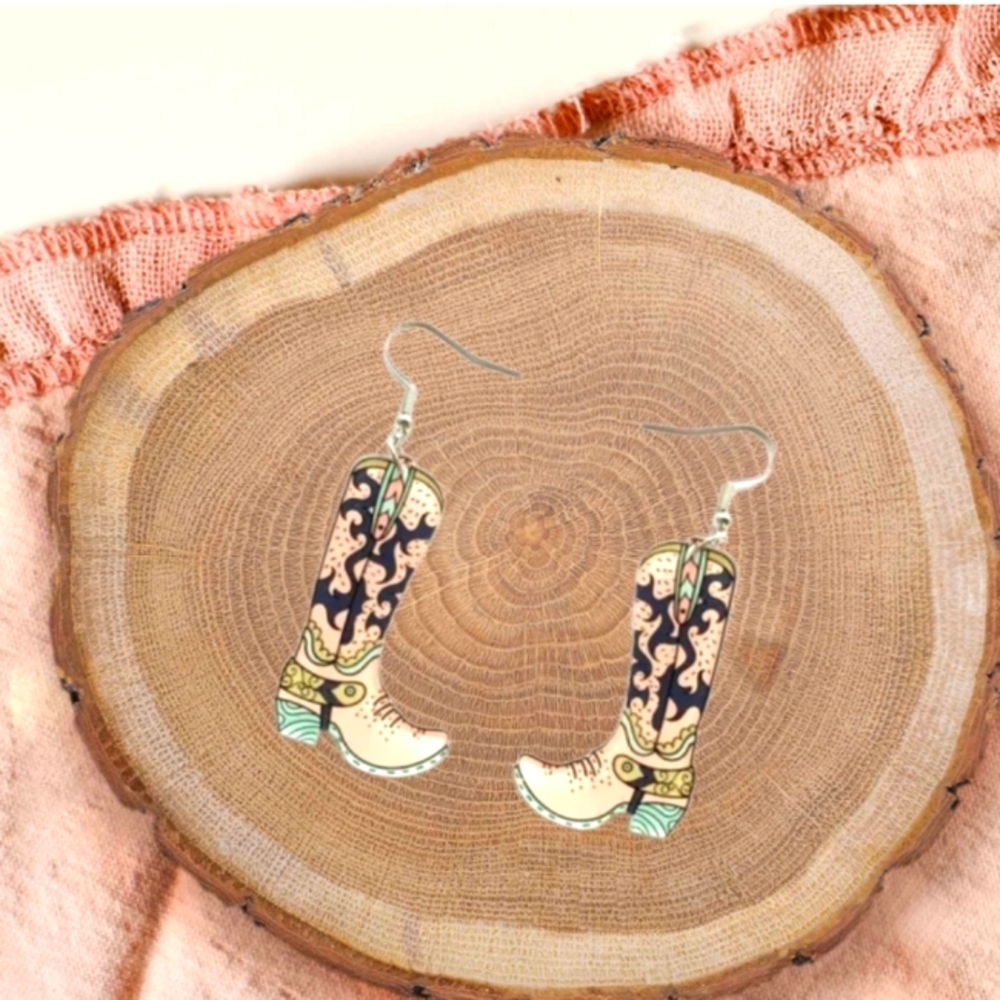 2/$15 3/$20 CUTE ACRYLIC COWGIRL BOOT EARRINGS WITH STERLING SILVER EAR WIRES - Picture 1 of 1